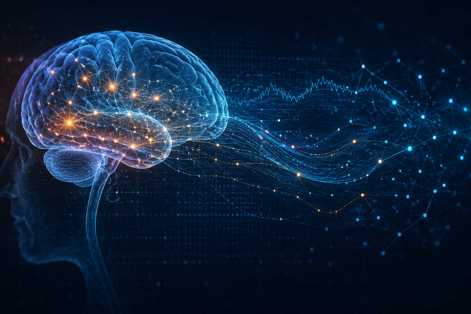Digital brain illustration with neural pathway lines and diagnostic waveform patterns