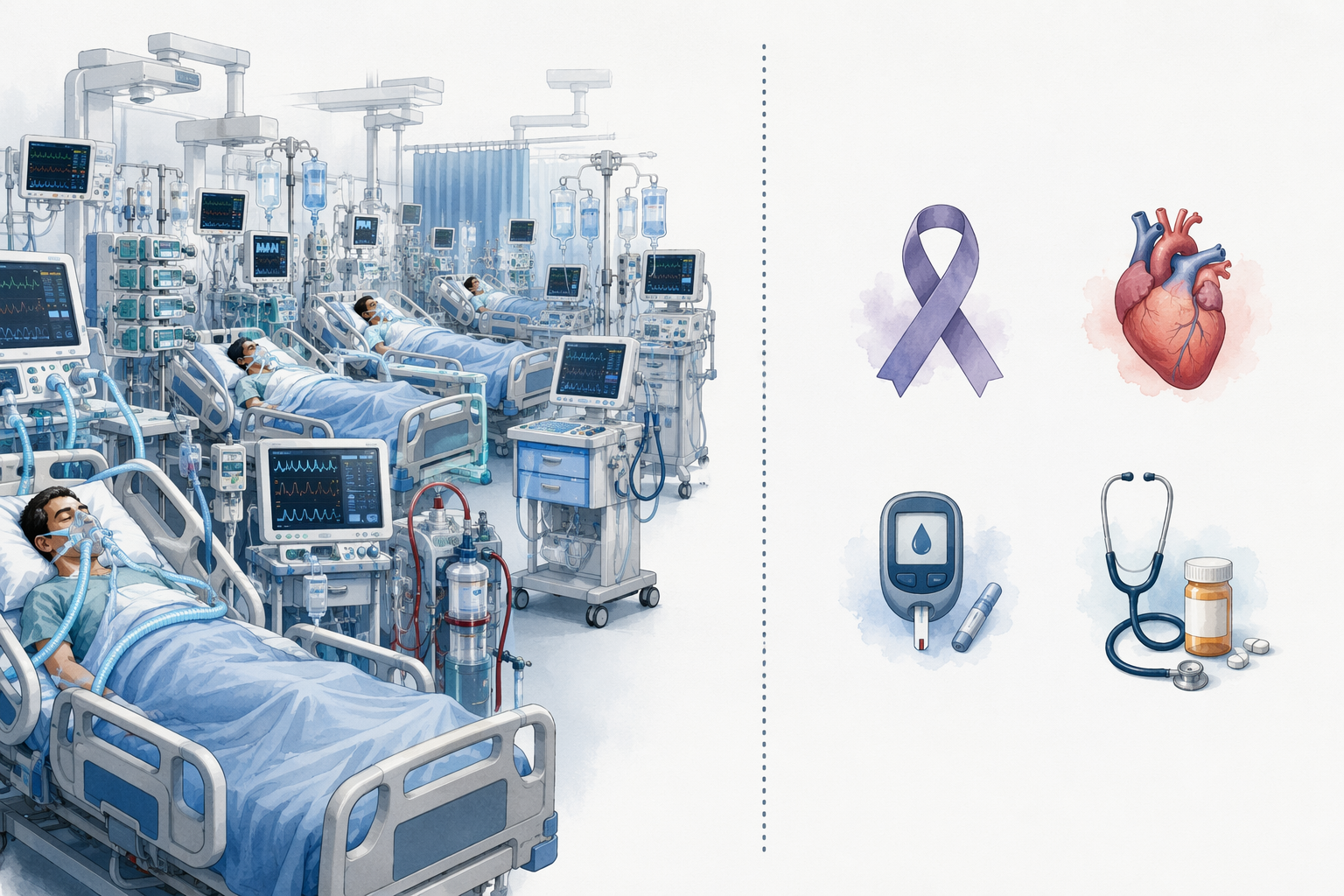 A lopsided evidence map with ICU and critical care symbols dominating one side and smaller symbols for oncology, heart care, diabetes, and primary care on the other