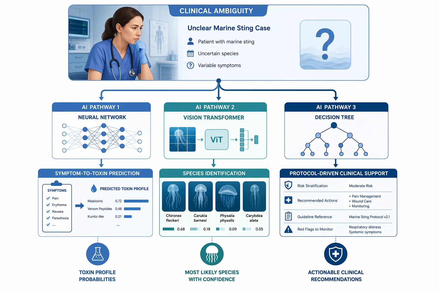 Infographic showing three AI clinical decision support pathways from an unclear marine sting case: symptom-to-toxin prediction, species identification, and protocol-driven support