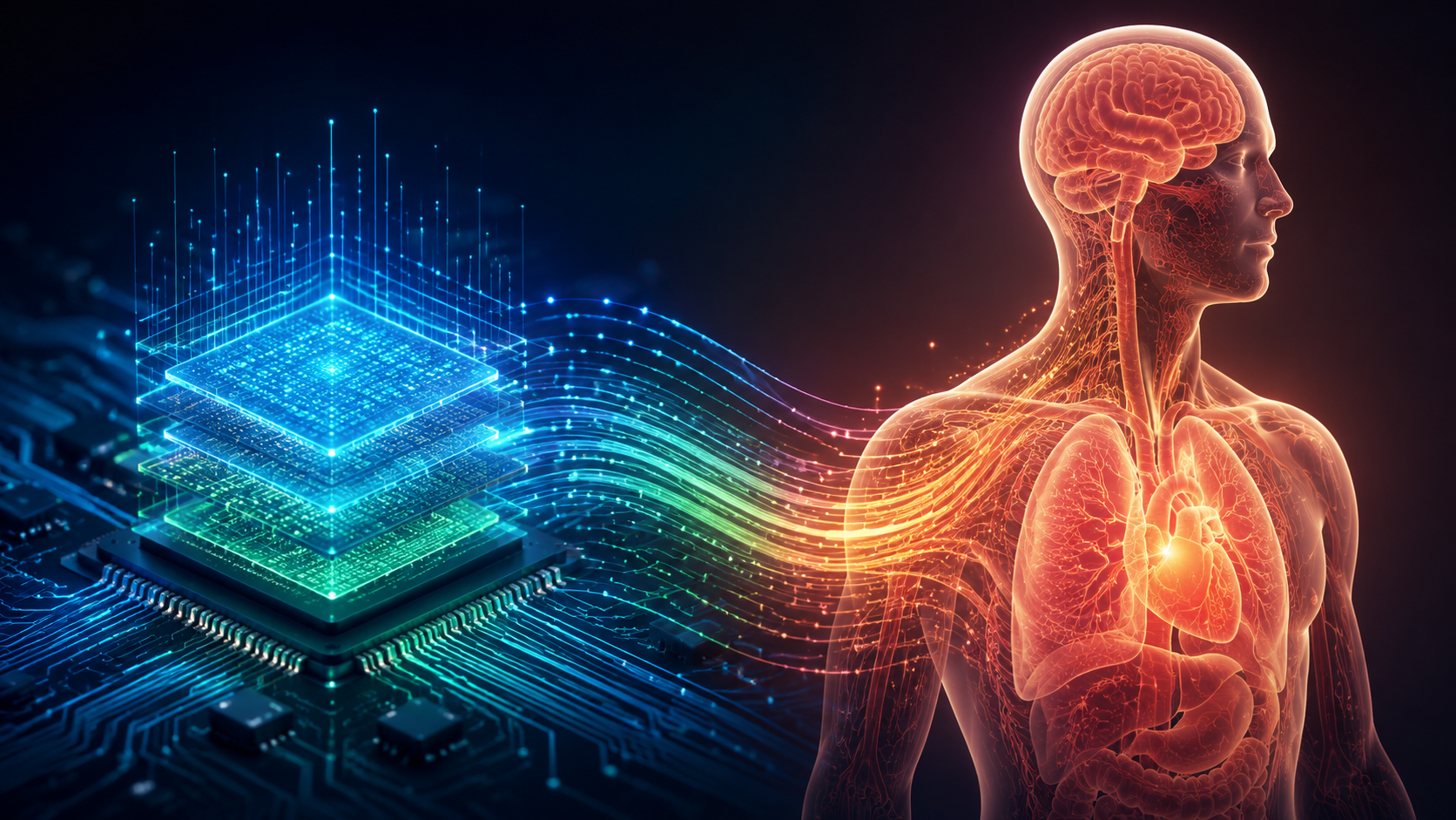 Glowing circuit-board pattern transitioning into a human head and chest silhouette