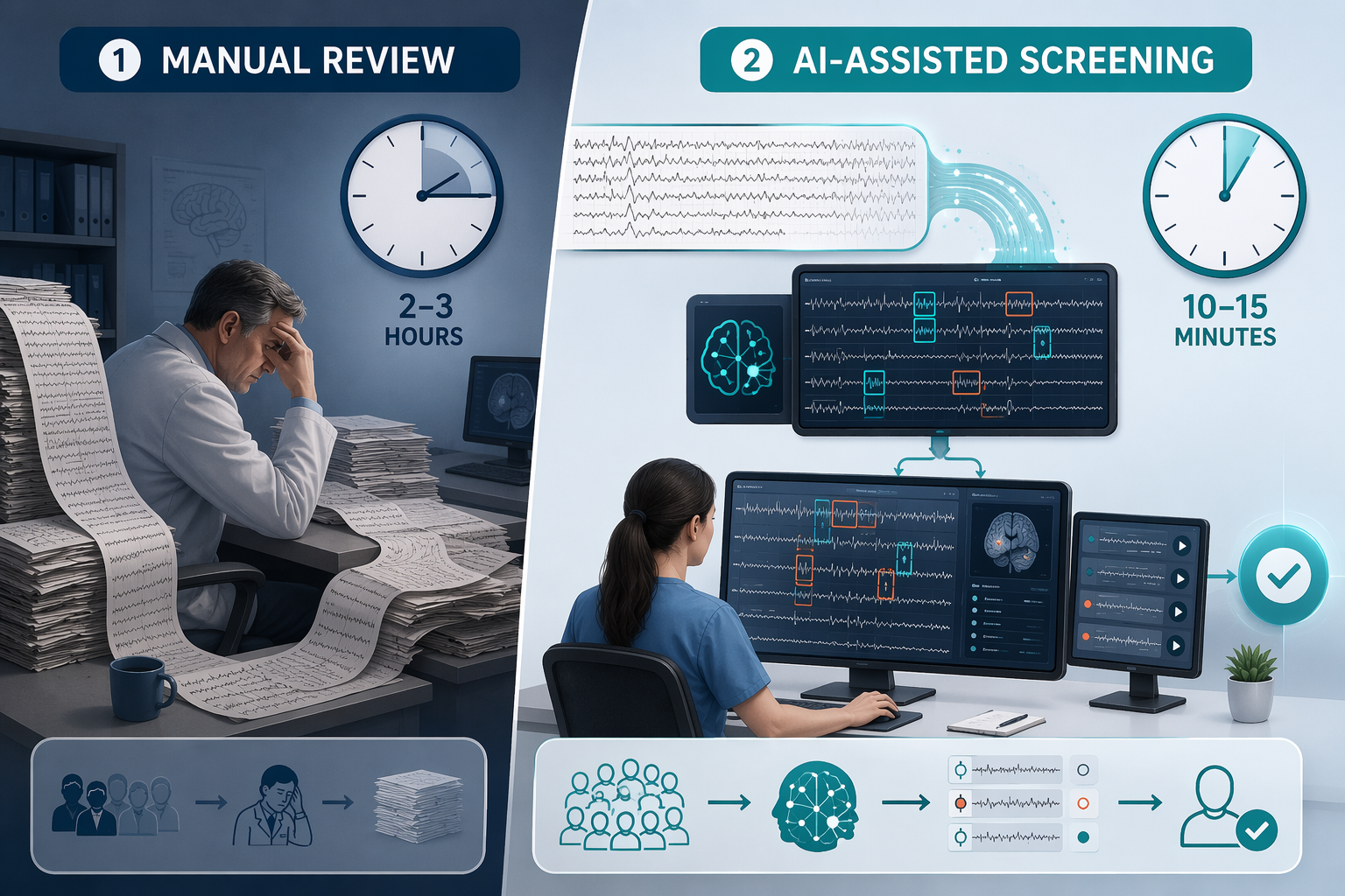 Split illustration comparing manual EEG review taking 2 to 3 hours with AI-screened EEG review routed to a central verification station in 10 to 15 minutes