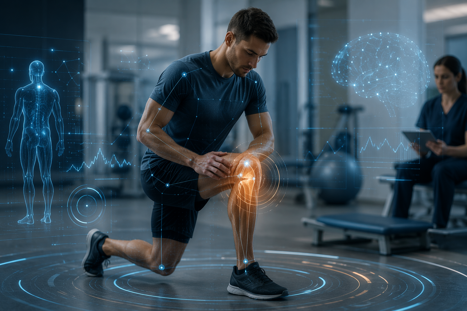Clinical rehab scene with motion-tracking data overlays