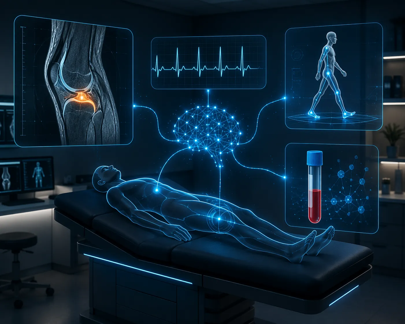 Sports medicine examination room with MRI, ECG, blood sample, and gait analysis elements connected by AI data lines