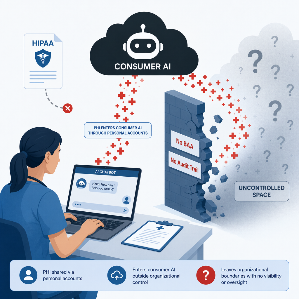 Diagram of healthcare data flowing from a laptop chatbot interface past a broken No BAA barrier and disconnected HIPAA document into uncontrolled space