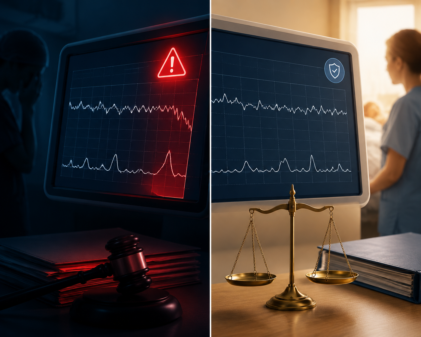 Fetal monitoring AI alert compared with documented disclosure and legal scale imagery