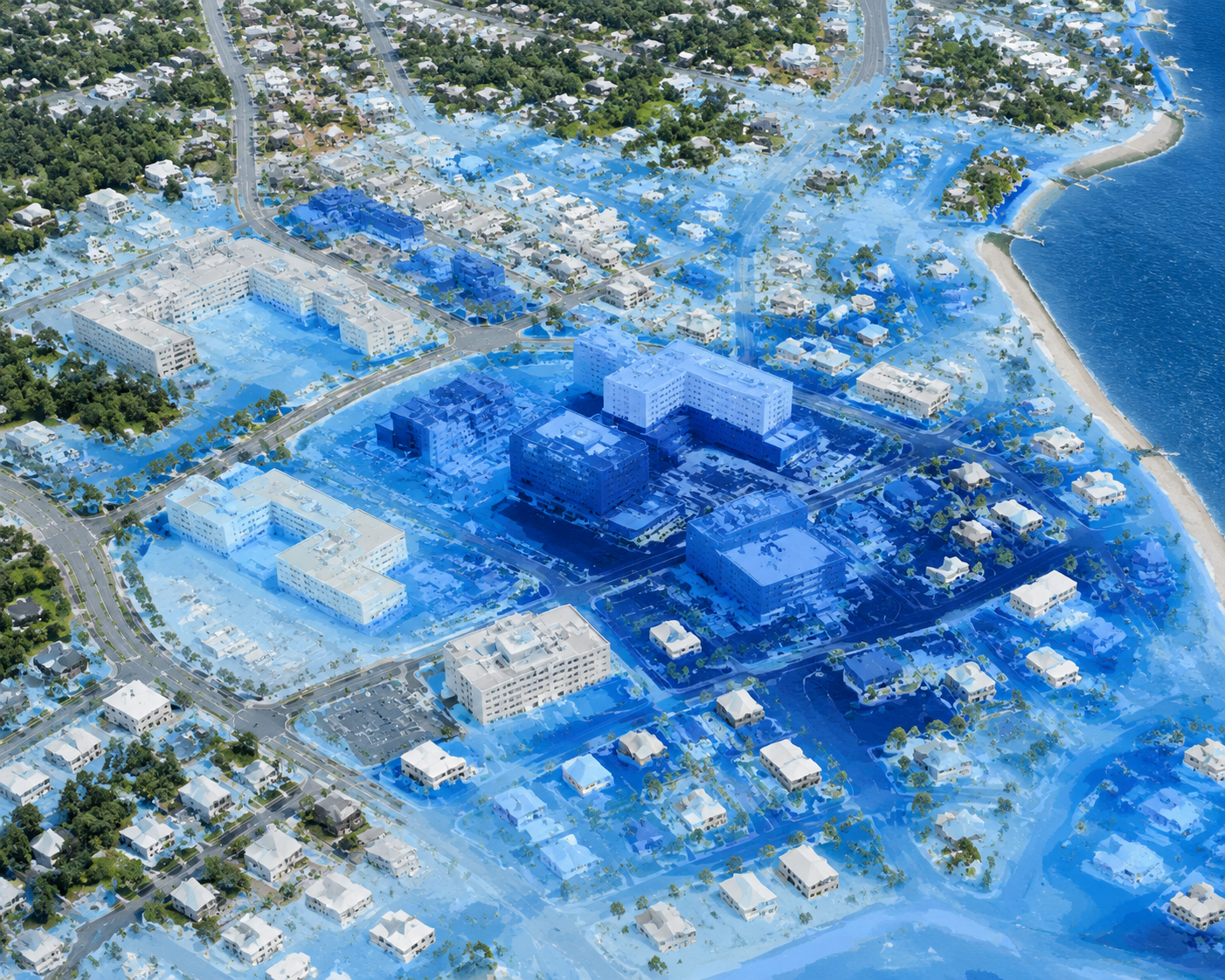 Hospital district with individual buildings color-coded by predicted flood depth