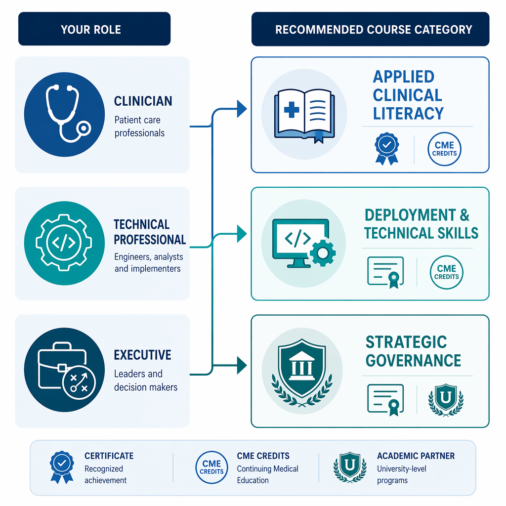 A decision matrix illustration showing three professional role icons (clinician, technical professional, executive) connected via flow arrows to three course categories: Applied Clinical Literacy, Deployment & Technical Skills, and Strategic Governance.