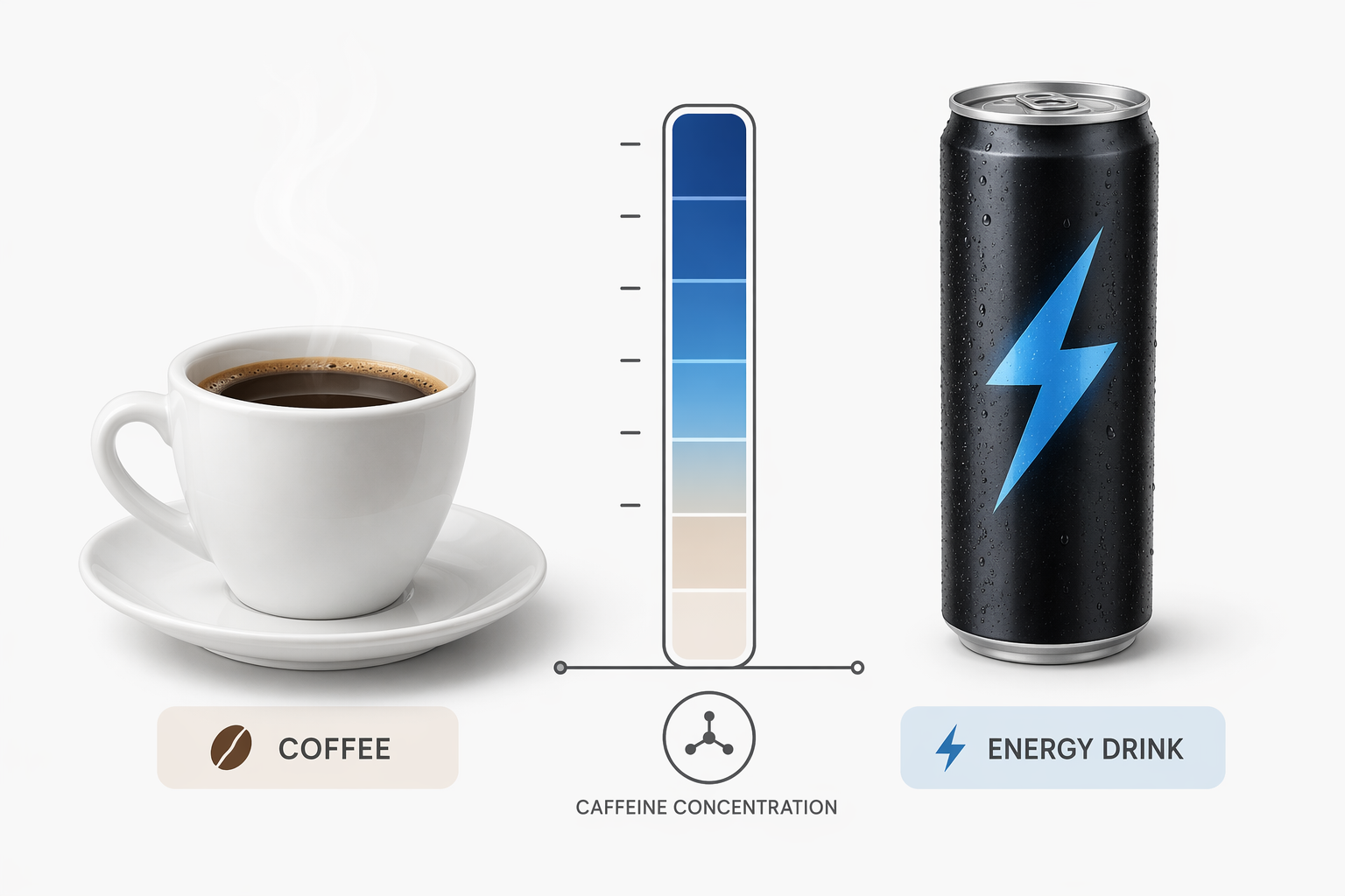 Coffee cup and energy drink can with a caffeine concentration comparison