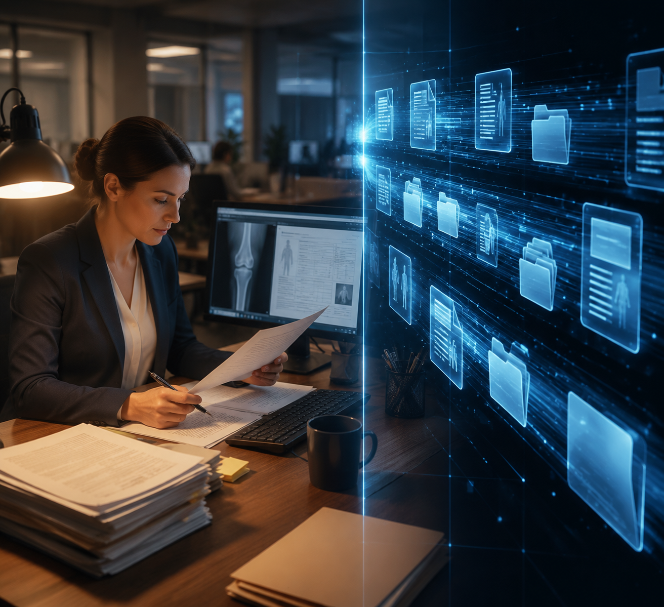 VA claims processor reviewing documents beside digital data streams representing AI automation