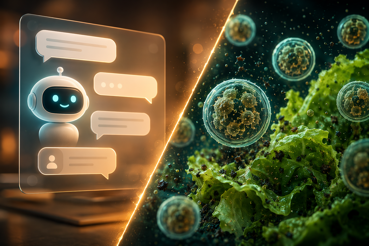 AI chatbot interface contrasted with Cyclospora parasites and iceberg lettuce