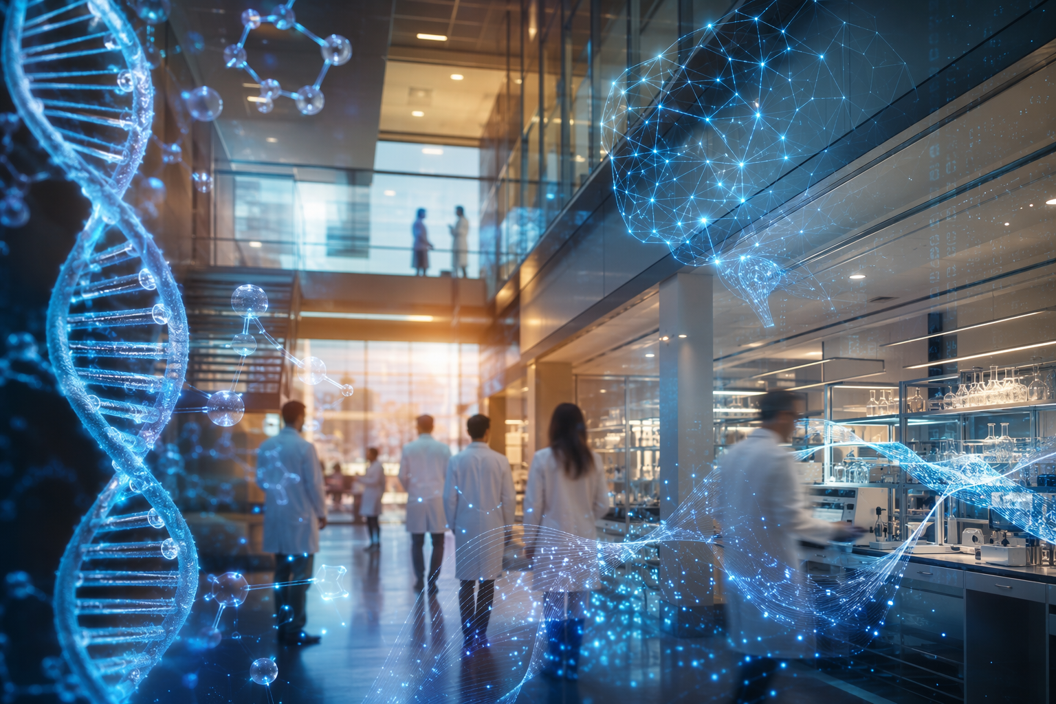University research laboratory with AI neural network and molecular visuals