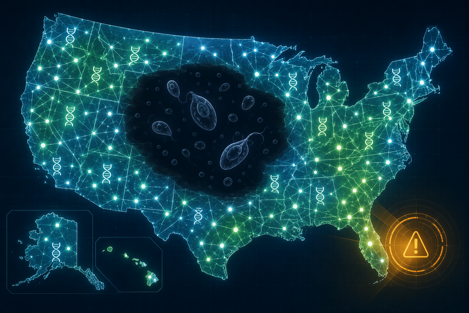 Digital United States surveillance grid with connected nodes and a central parasite detection blind spot