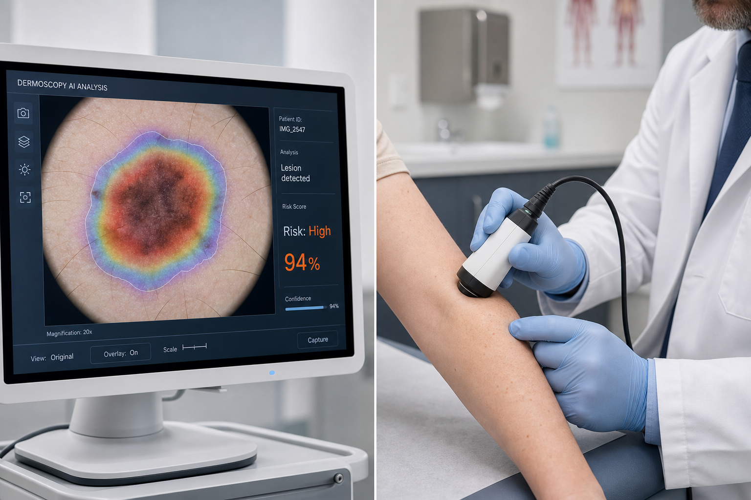 Split clinical illustration showing a dermoscopy AI heatmap on a medical monitor on the left and a physician using a handheld spectroscopy probe on a patient's forearm on the right.