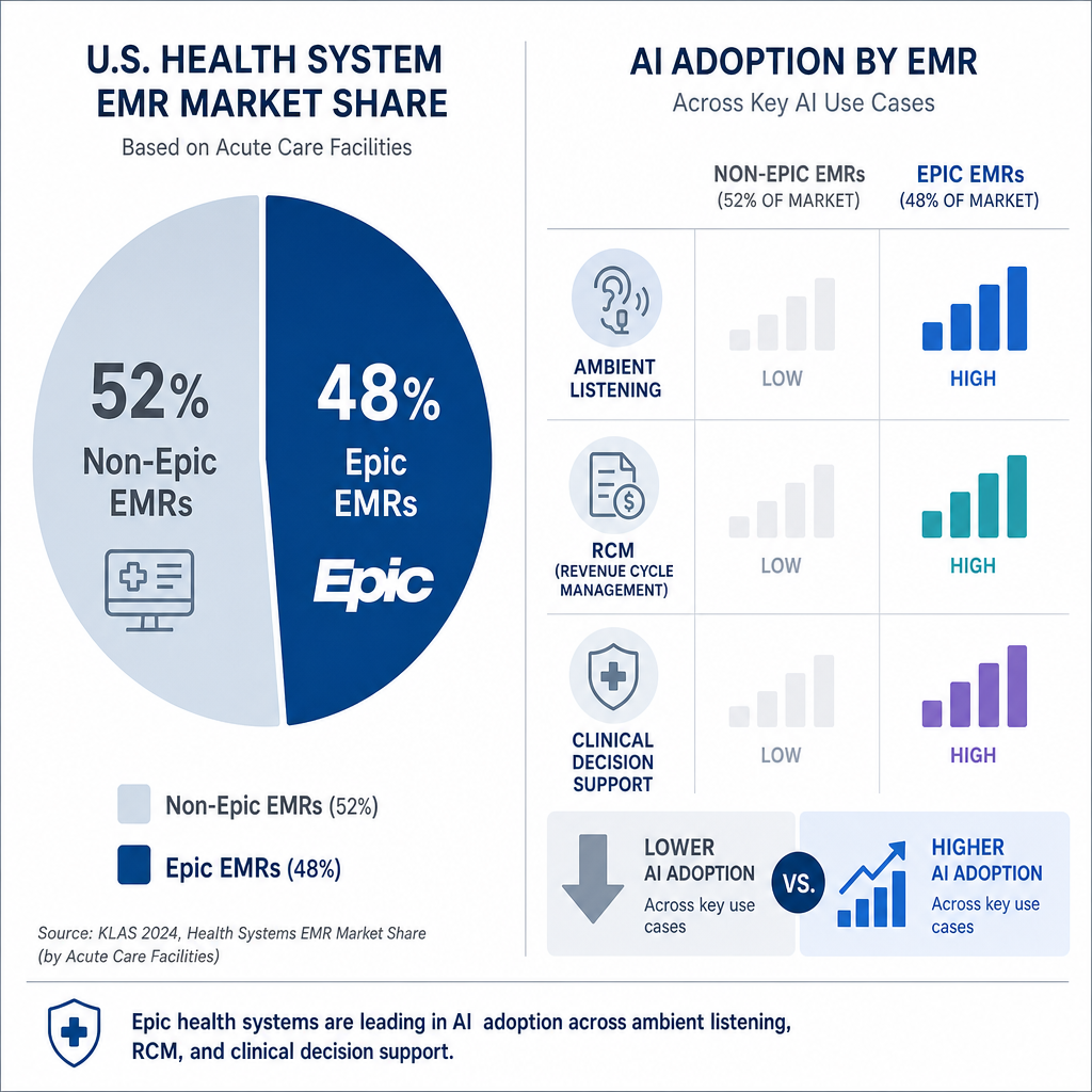 Divided editorial graphic showing 52% of health systems on non-Epic EMRs with lower AI adoption indicators, contrasted with 48% on Epic with higher adoption.