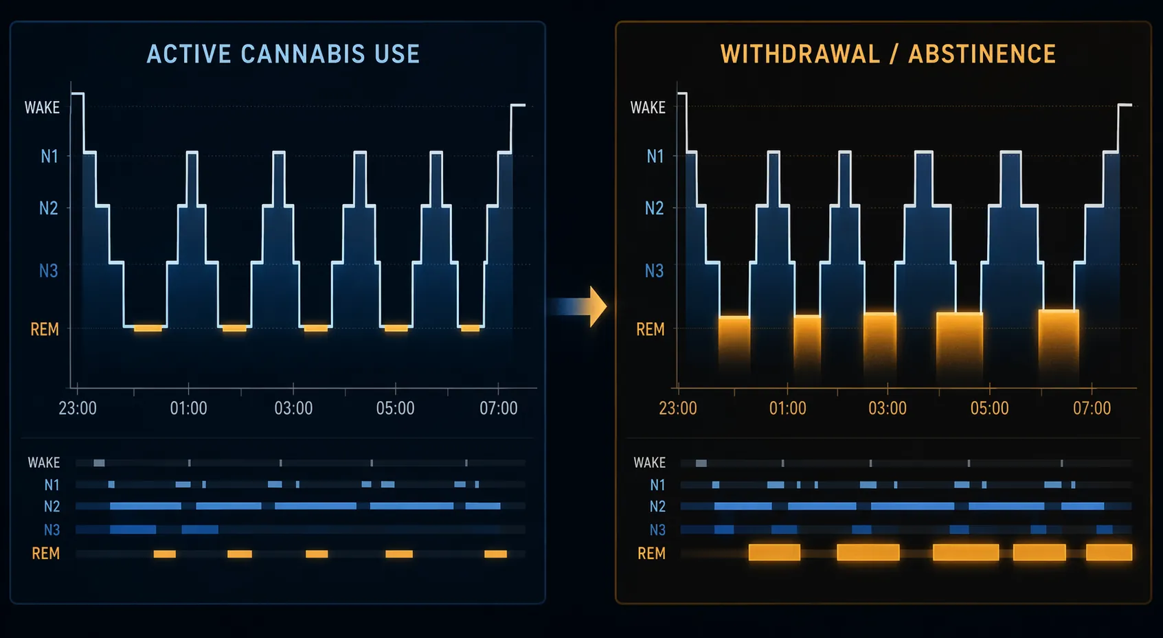 Clinical visualization comparing compressed REM during active cannabis use with enlarged REM during withdrawal