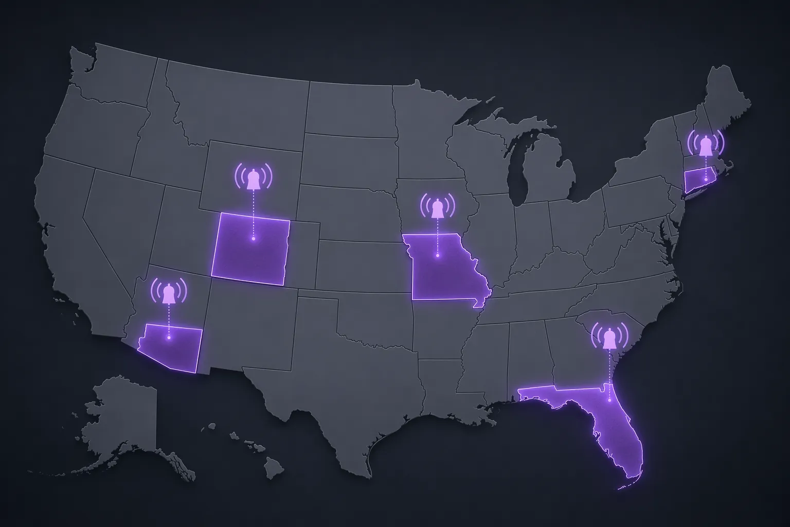 United States map with six states highlighted in purple for Purple Alert coverage