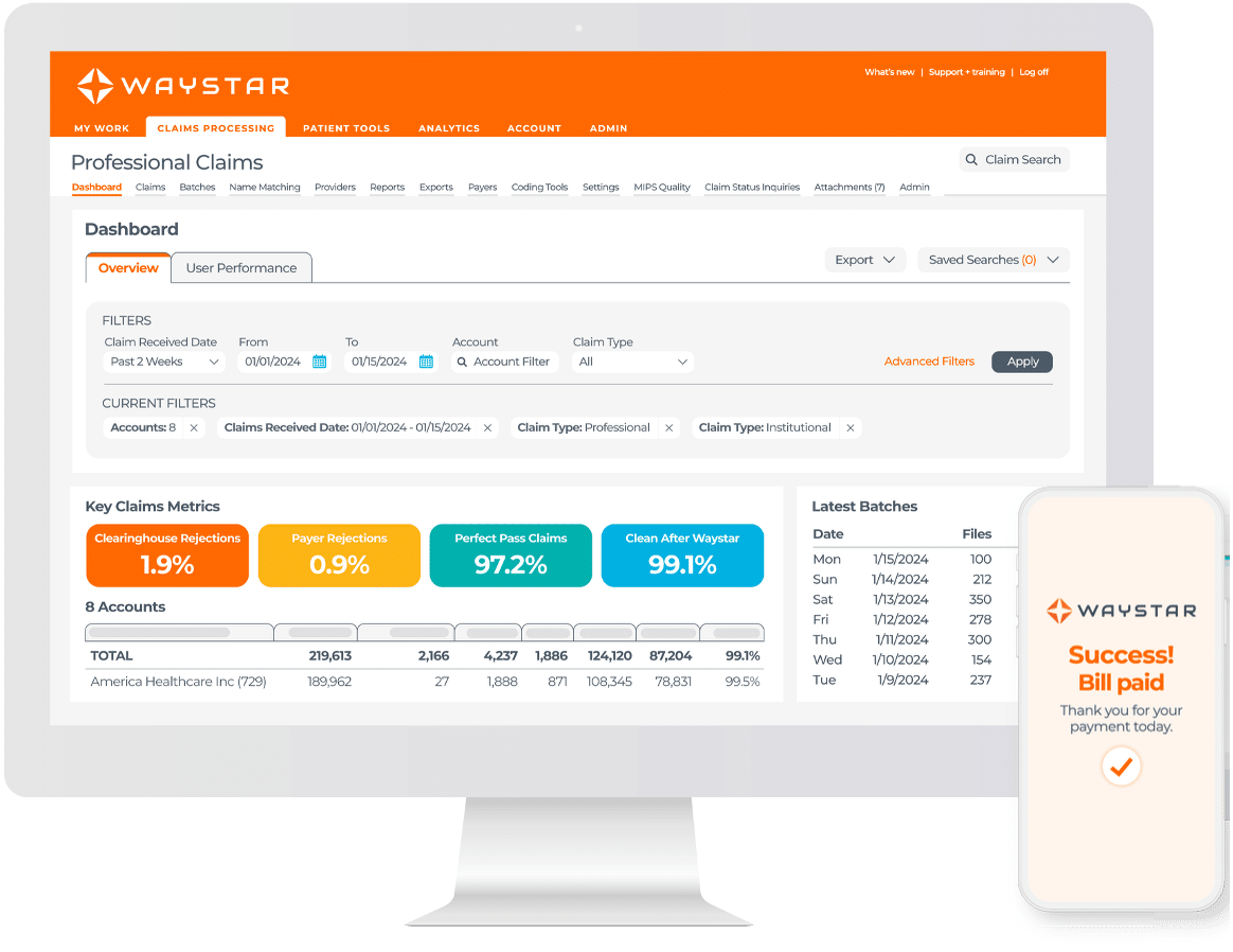 Combined Waystar and Iodine Software platform interface showing integrated clinical and financial AI tools side by side