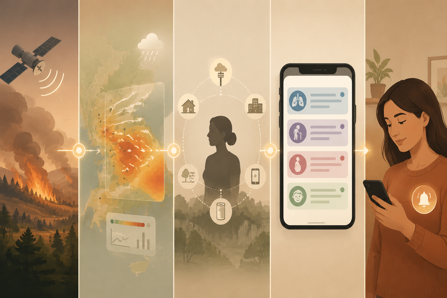 Workflow illustration showing wildfire detection, smoke forecasting, exposure modeling, segmented messaging, and a person receiving a phone notification