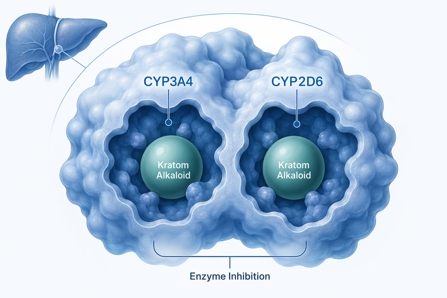 A medical diagram showing kratom alkaloid molecules interacting with CYP3A4 and CYP2D6 enzyme binding sites.