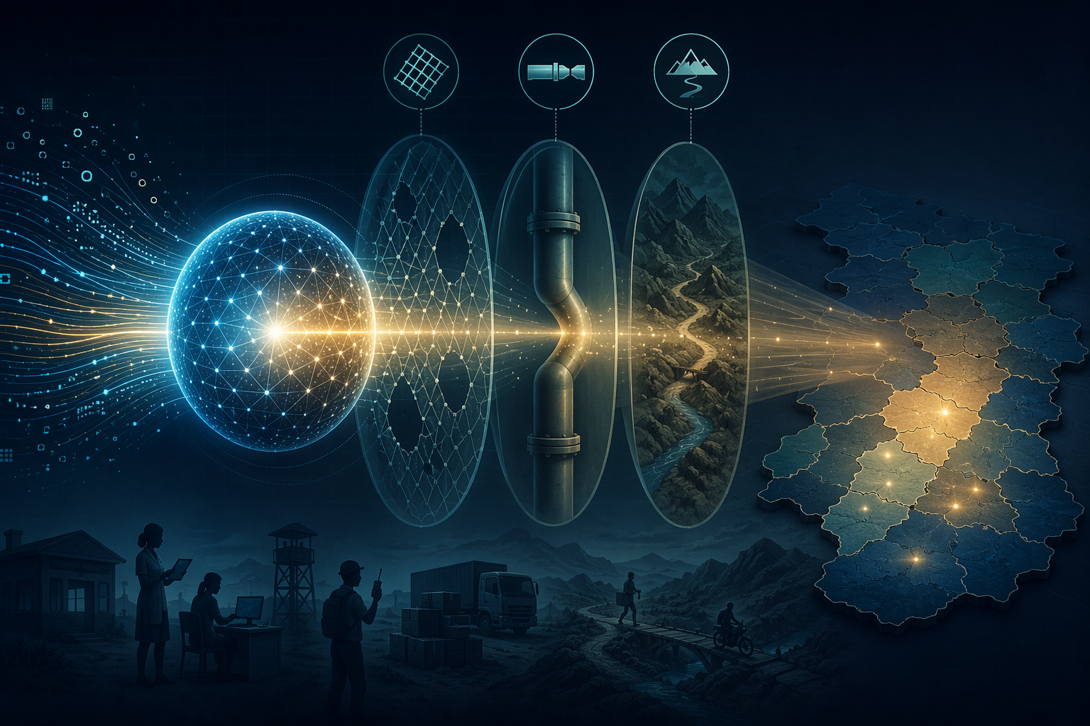 Algorithmic sphere projecting light through surveillance gaps, supply constraints, and logistical barriers onto a district map