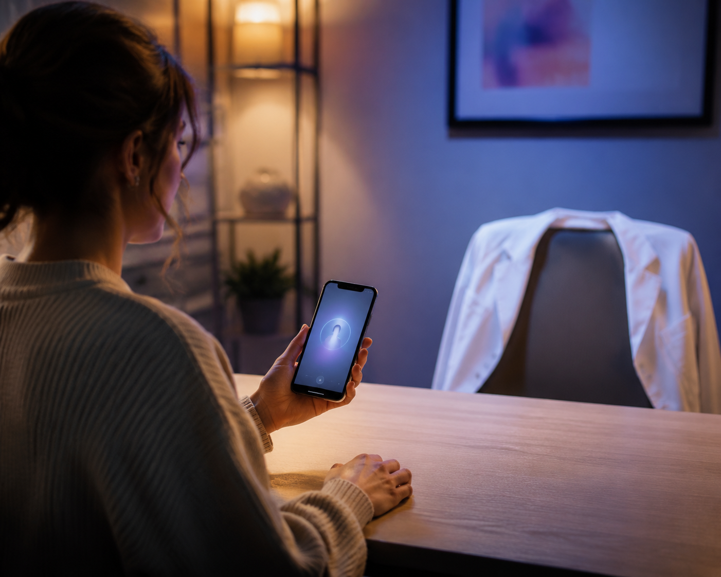 A person using a glowing smartphone across from an empty chair with a clinician's coat
