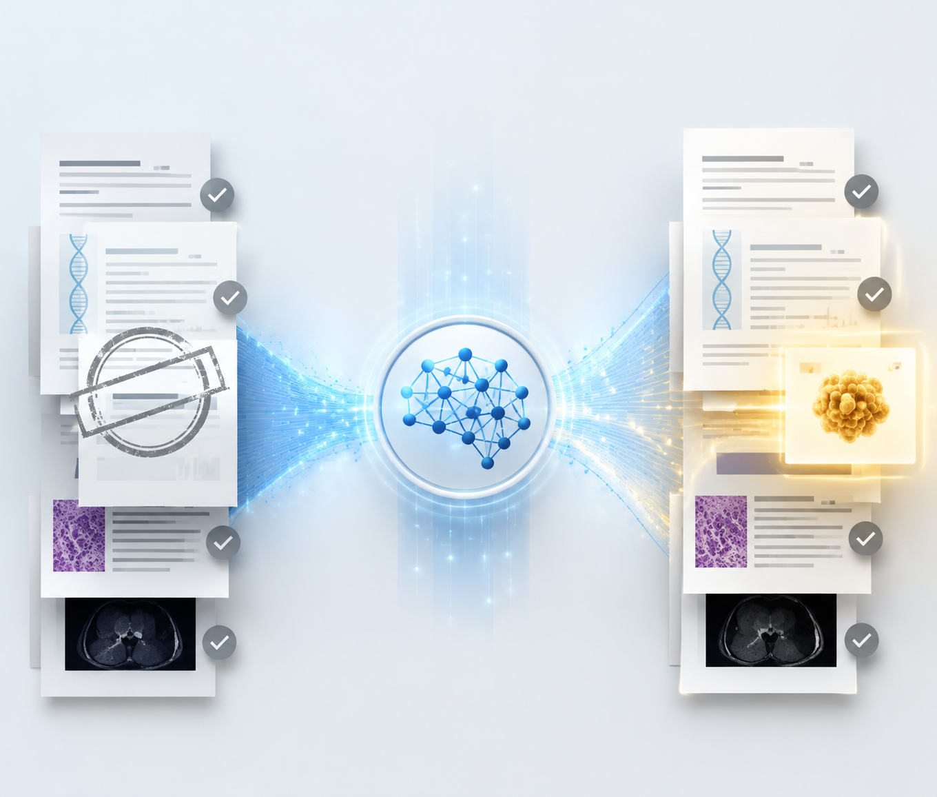 Clinical and genomic reports being reanalyzed by an AI system to reveal a diagnostic finding