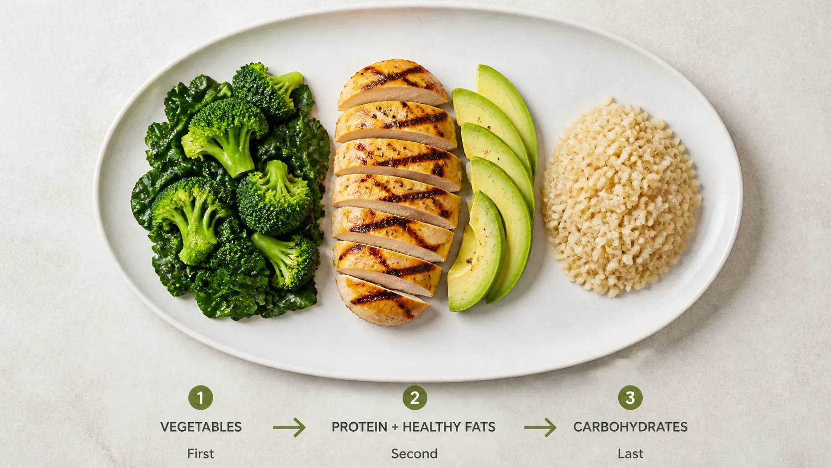 Dinner plate with vegetables, protein, and rice arranged in a suggested eating order