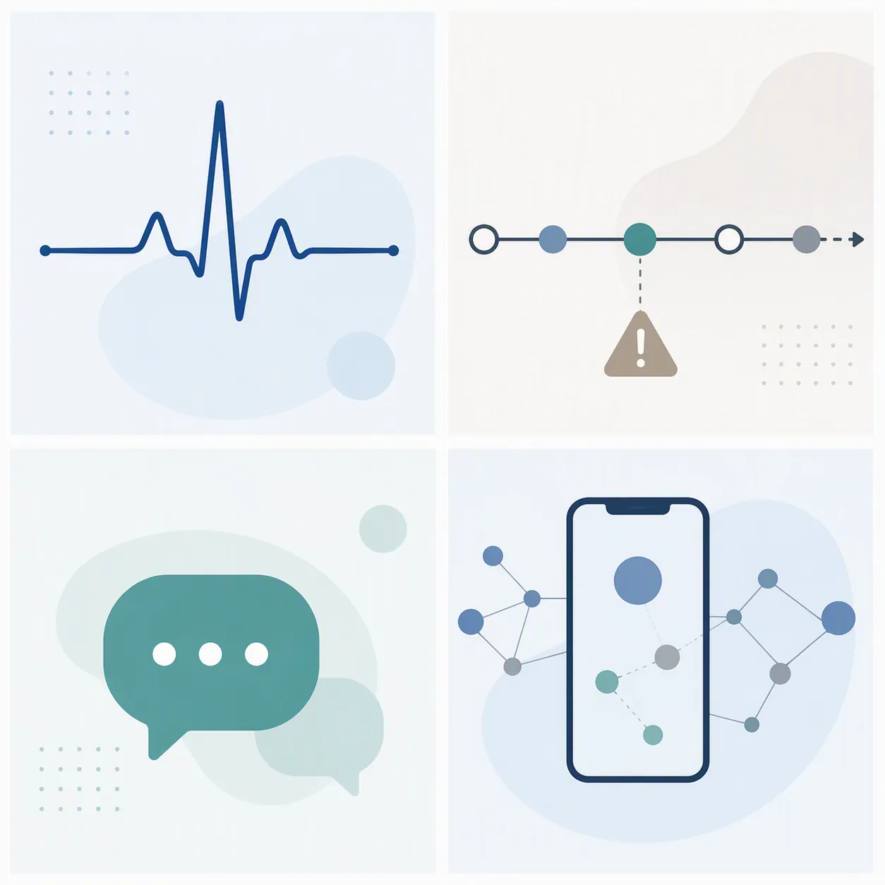 Four-panel grid showing symptom monitoring, recurrence and late-effects prediction, chatbot tools, and digital health platforms