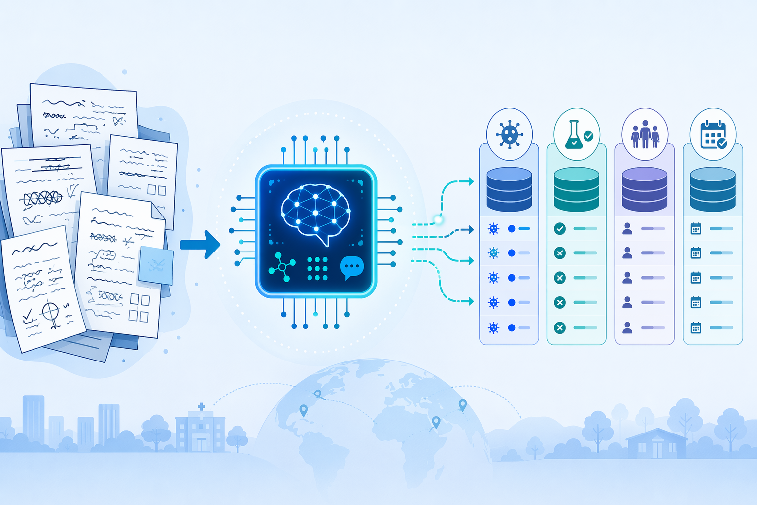 Workflow illustration showing NLP converting unstructured lab reports into structured pathogen, test result, demographic, and date fields