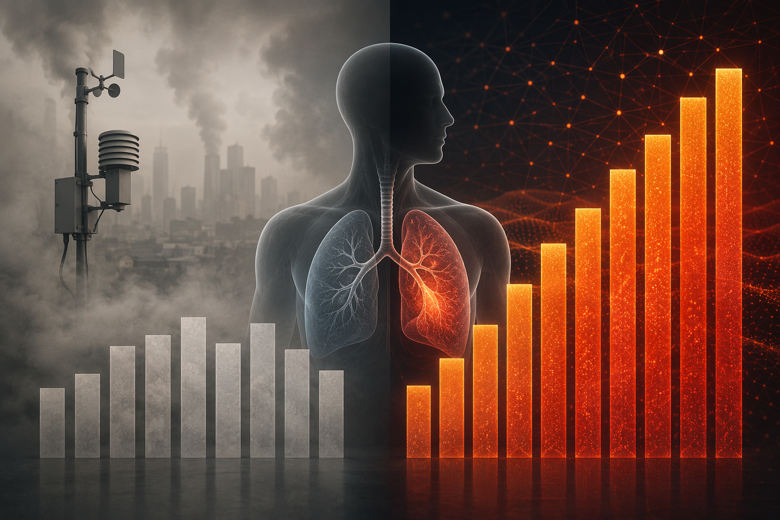 Comparison visualization showing weaker outdoor monitor associations beside stronger ML-predicted indoor PM2.5 associations