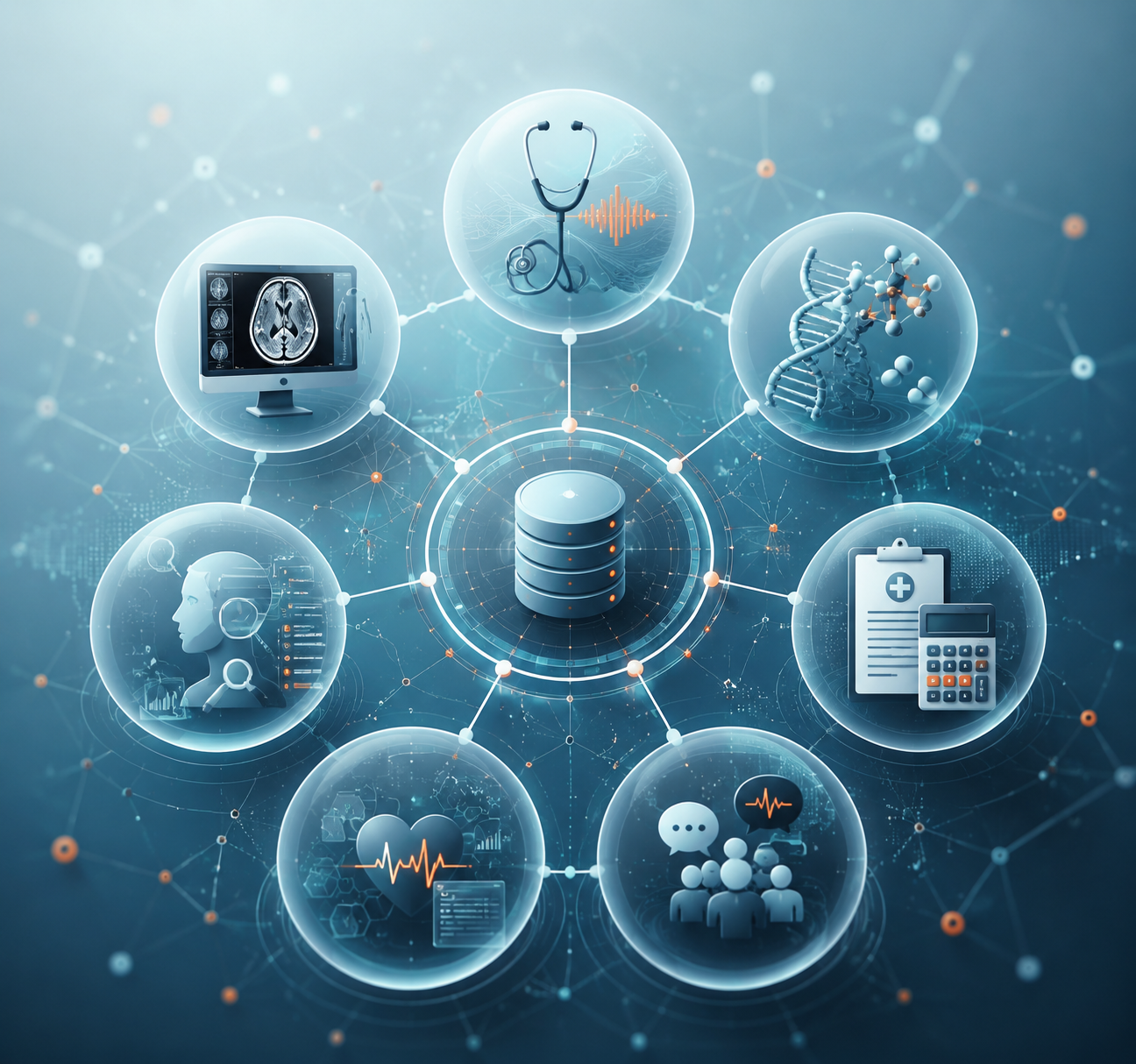 Network diagram of distinct AI health categories including documentation, imaging, drug discovery, revenue cycle, patient engagement, clinical decision support, and data infrastructure