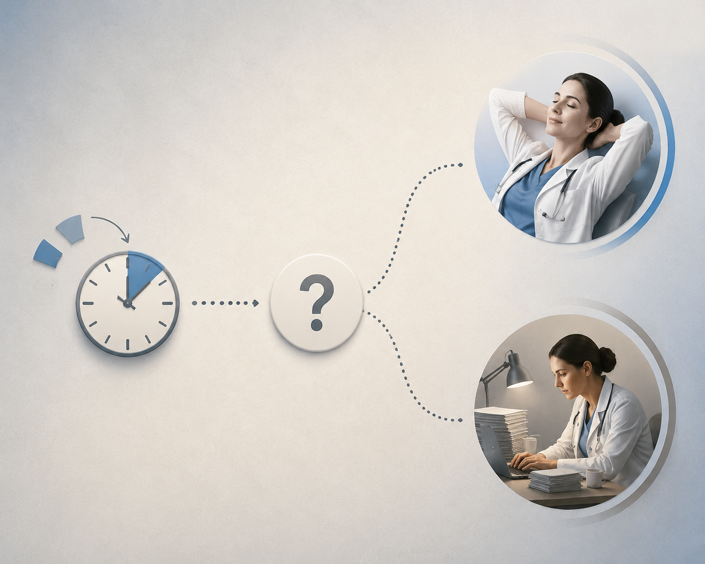 Clock icon leading to a question mark and branching toward a relaxed physician or a physician facing a growing pile of tasks