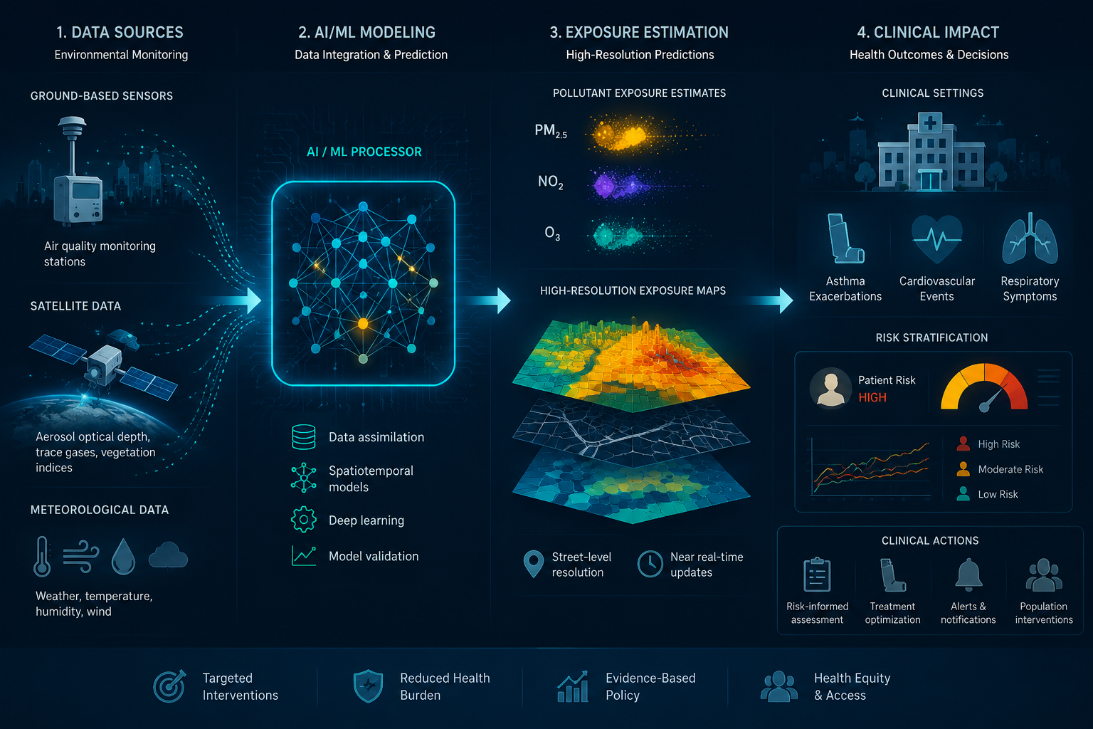Workflow diagram showing environmental sensors feeding AI models that produce pollutant exposure estimates, risk maps, and clinical risk dashboards