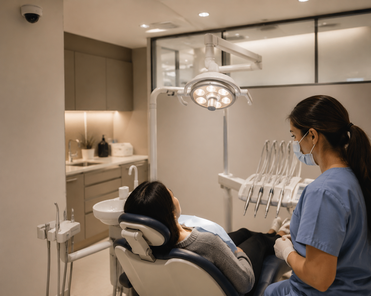 Dental operatory with a reclining patient, clinician, overhead light, and ceiling security camera