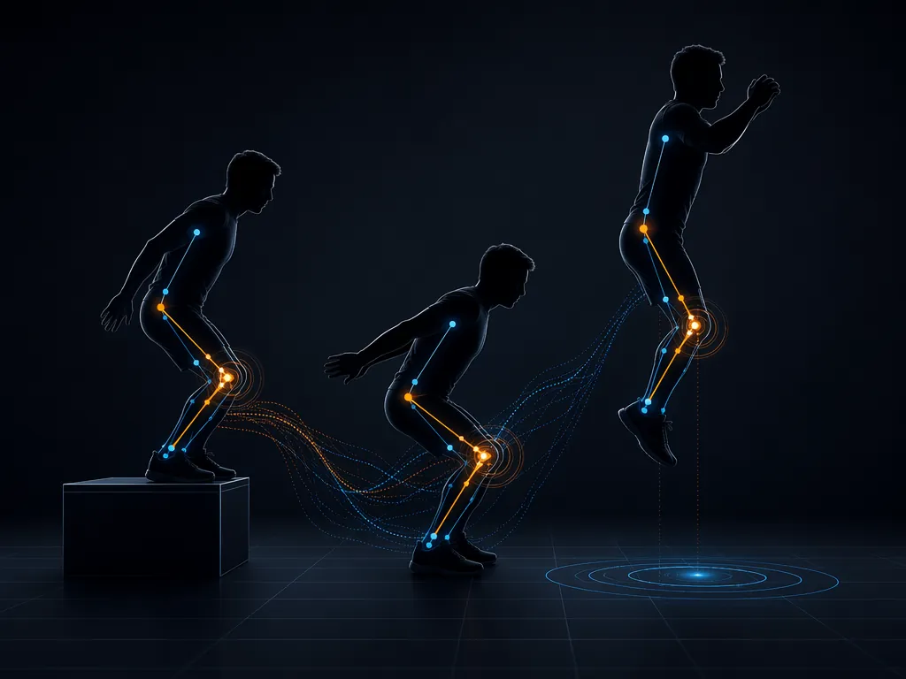 Athlete performing a drop vertical jump with skeletal tracking and motion analysis overlay