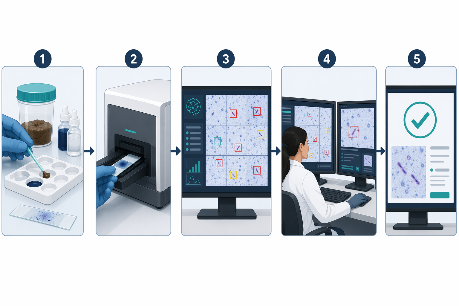Five-step clinical laboratory workflow from stool specimen preparation to AI screening and final result