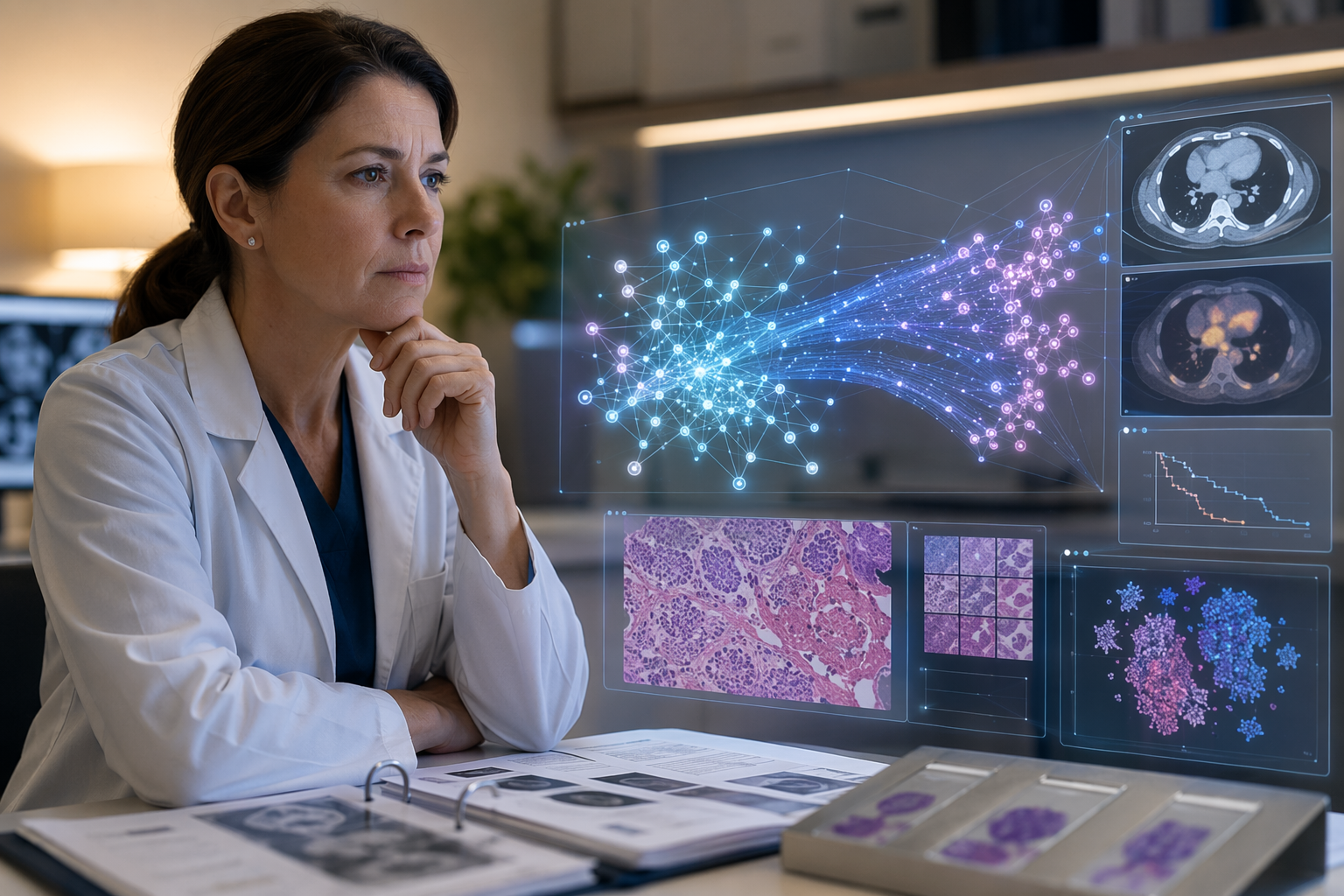 Oncologist examining an AI data visualization alongside medical charts and pathology slides