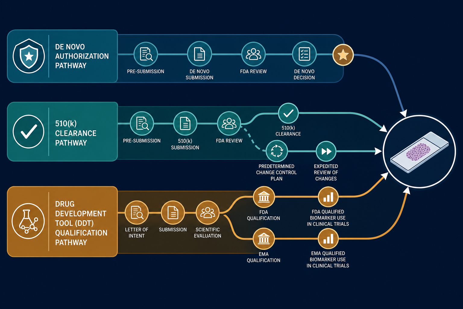 Flat-design diagram showing three horizontal regulatory pathway lanes: De Novo authorization, 510(k) with PCCP, and Drug Development Tool qualification, each with distinct milestone markers converging on a central tissue slide icon.