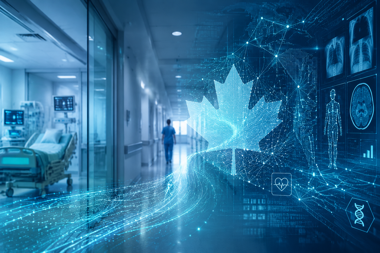 Canadian hospital corridor with digital data streams and a subtle maple leaf motif representing national AI infrastructure in healthcare