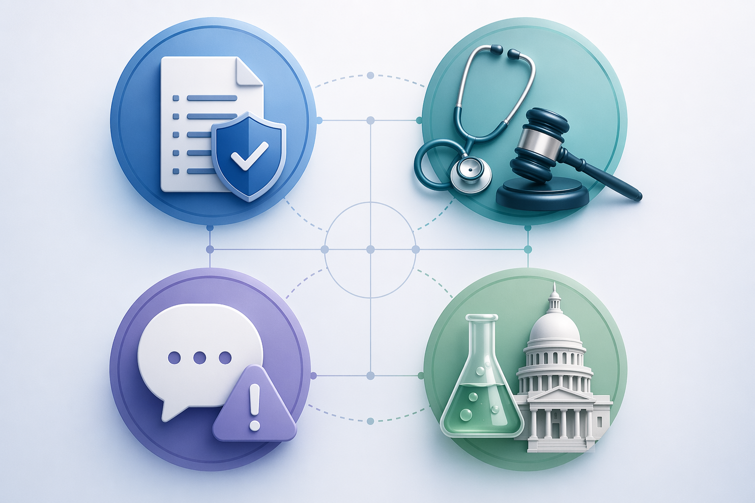 Four-part visual showing insurer AI, clinical oversight, chatbot safety, and regulatory sandboxes