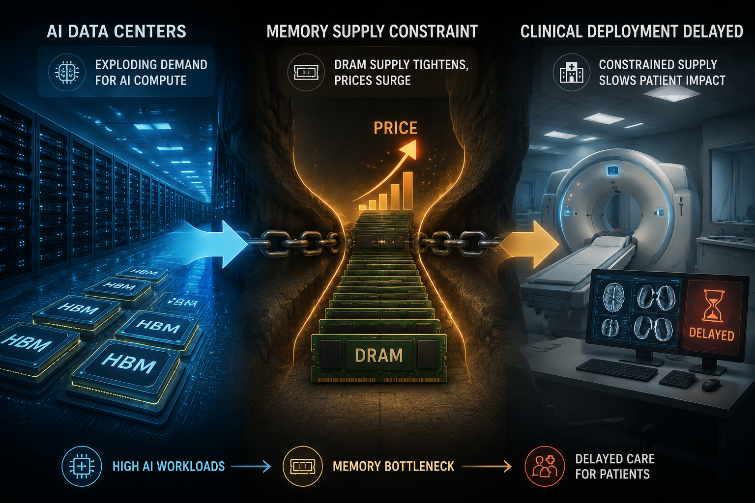 Diagram showing AI data center demand flowing through a constrained DRAM bottleneck toward a delayed hospital radiology room