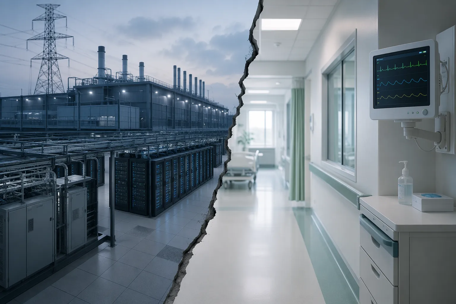 Split scene showing a data center and power lines separated from a hospital corridor by a fracture line