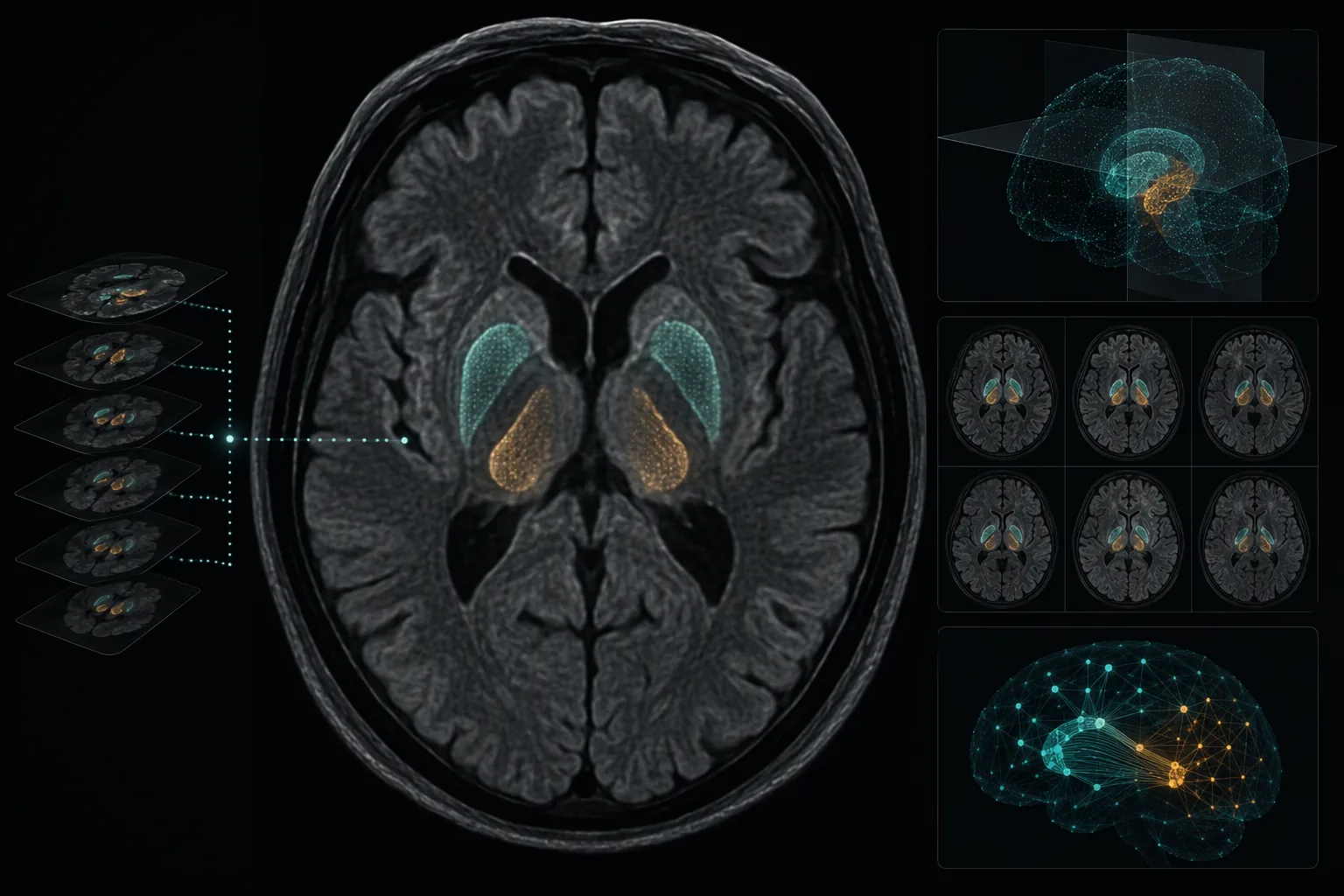 Stylized diffusion-weighted MRI brain scan with AI analysis overlays for differentiating Parkinson disease from atypical parkinsonian syndromes