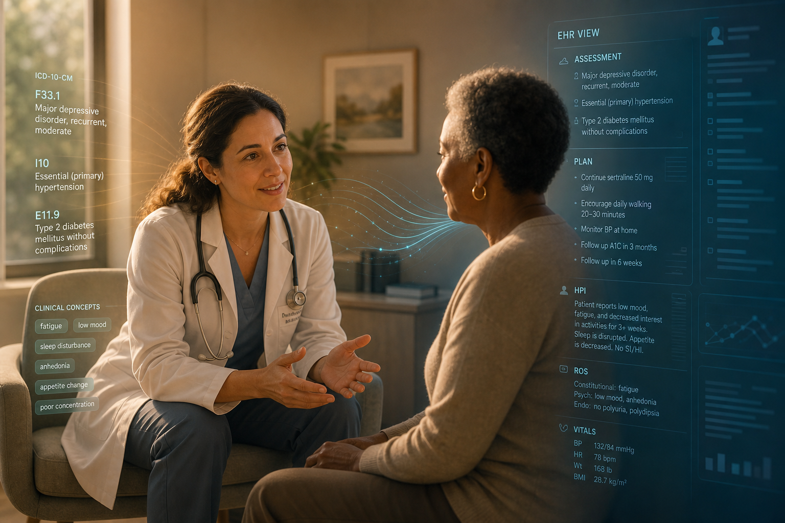 A physician in warm light engaged with a patient while semi-transparent clinical text elements drift toward a faint data interface in the background.