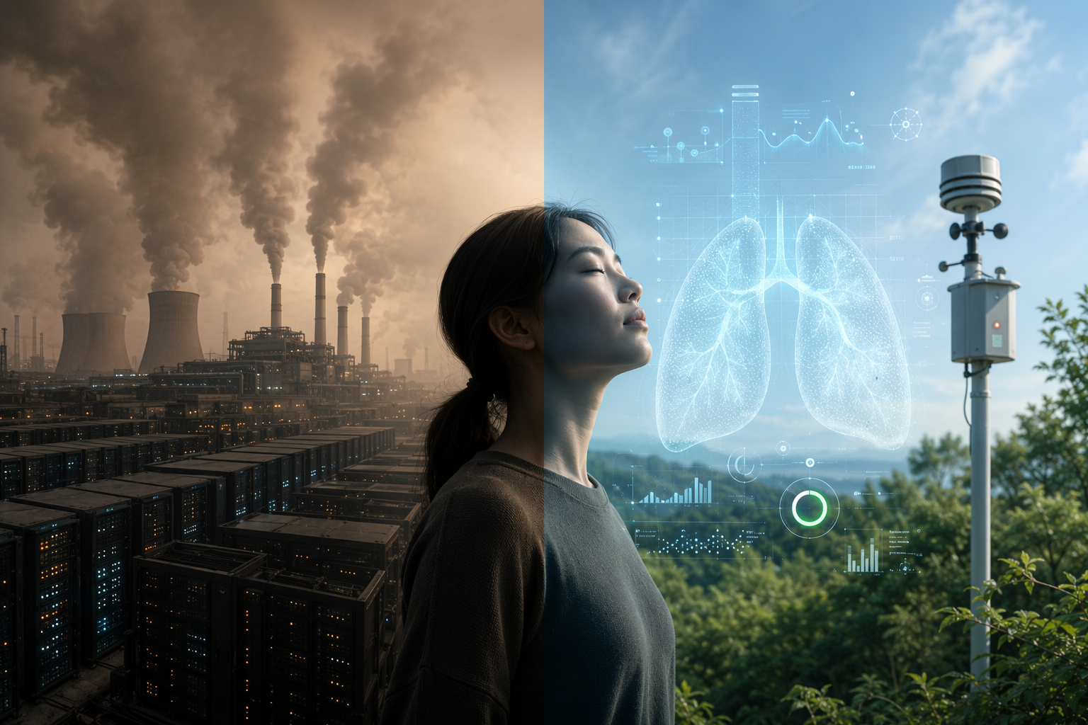 Split view of a hazy data center and an AI air quality health monitoring interface