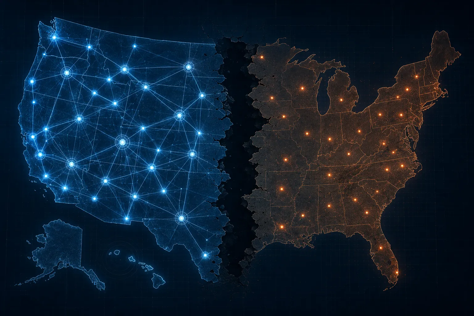US surveillance network visualization with connected monitoring nodes and disconnected warning signals