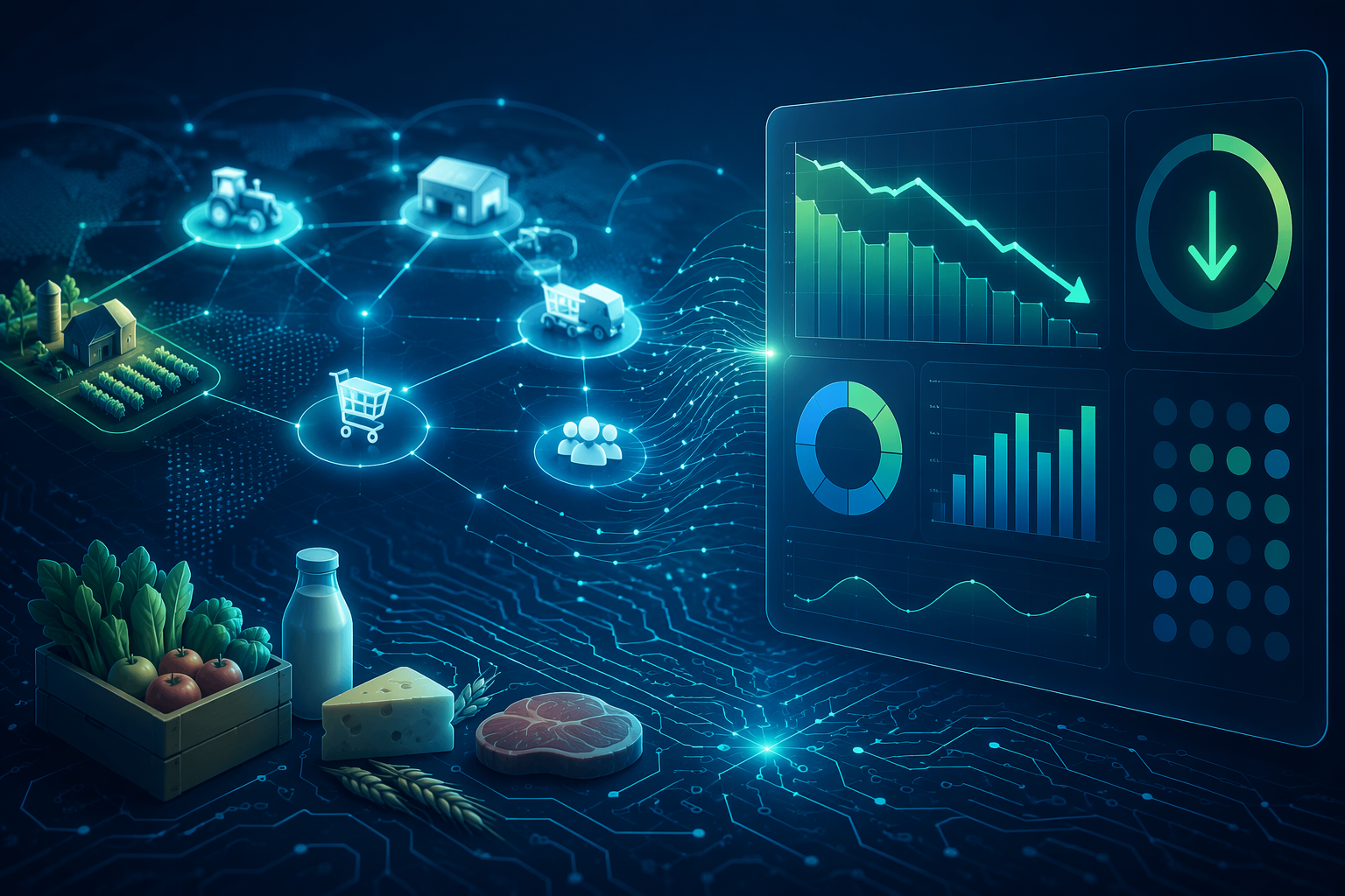 Abstract food supply chain data network transforming into a financial analytics dashboard