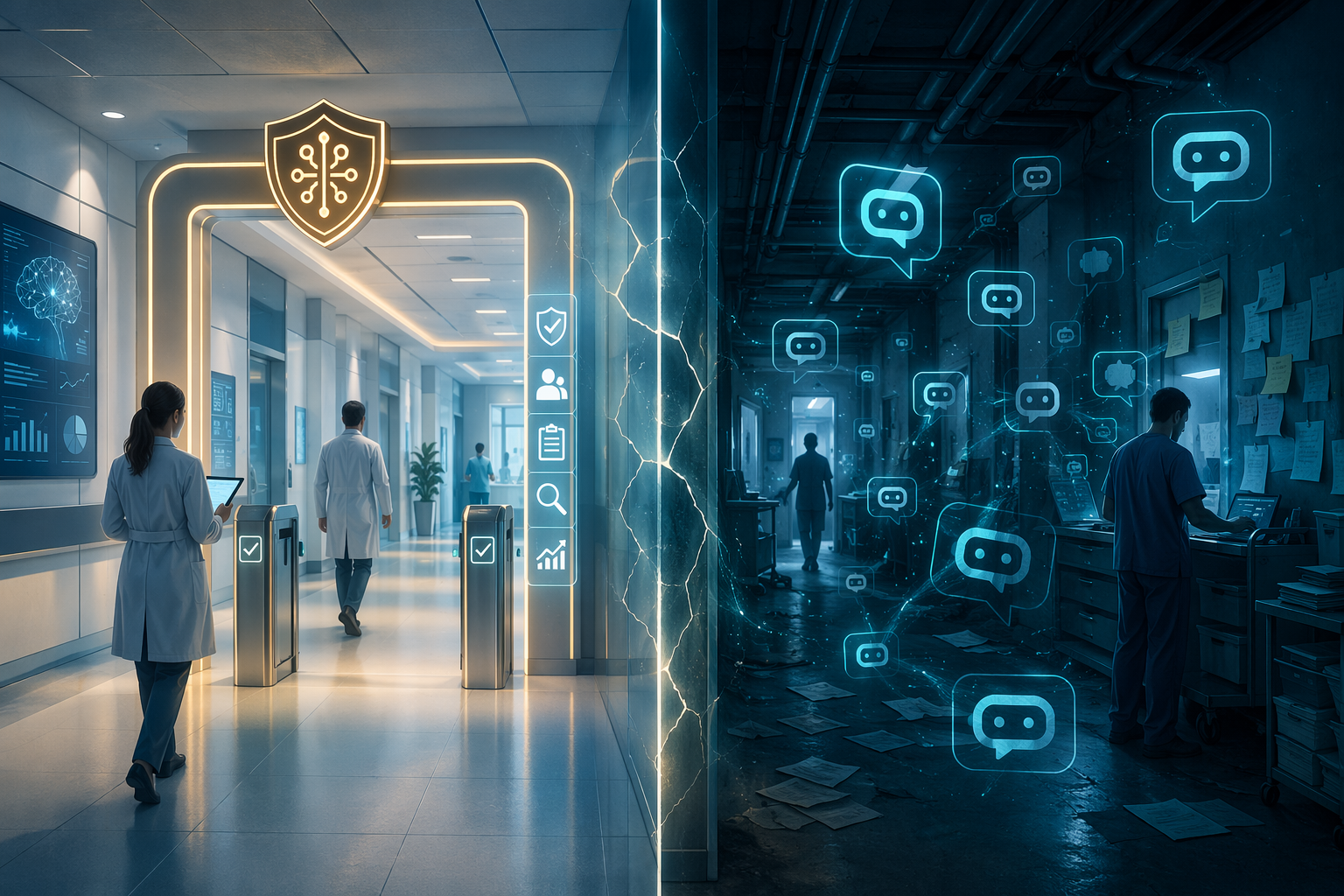 A split-scene editorial illustration contrasting approved AI governance versus shadow AI in healthcare: the left side shows a bright organized hospital corridor with an 'Approved AI' gateway and checkpoints, while the right side shows a dimmer chaotic back-corridor with uncontrolled glowing AI chatbot icons drifting through, separated by a translucent barrier with a subtle crack.