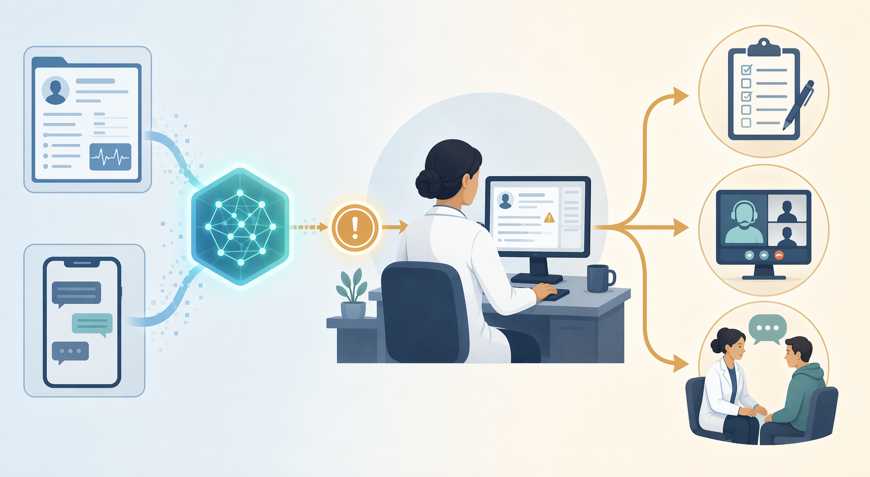 Workflow showing EHR and text data flowing through AI analysis to clinician screening and crisis response