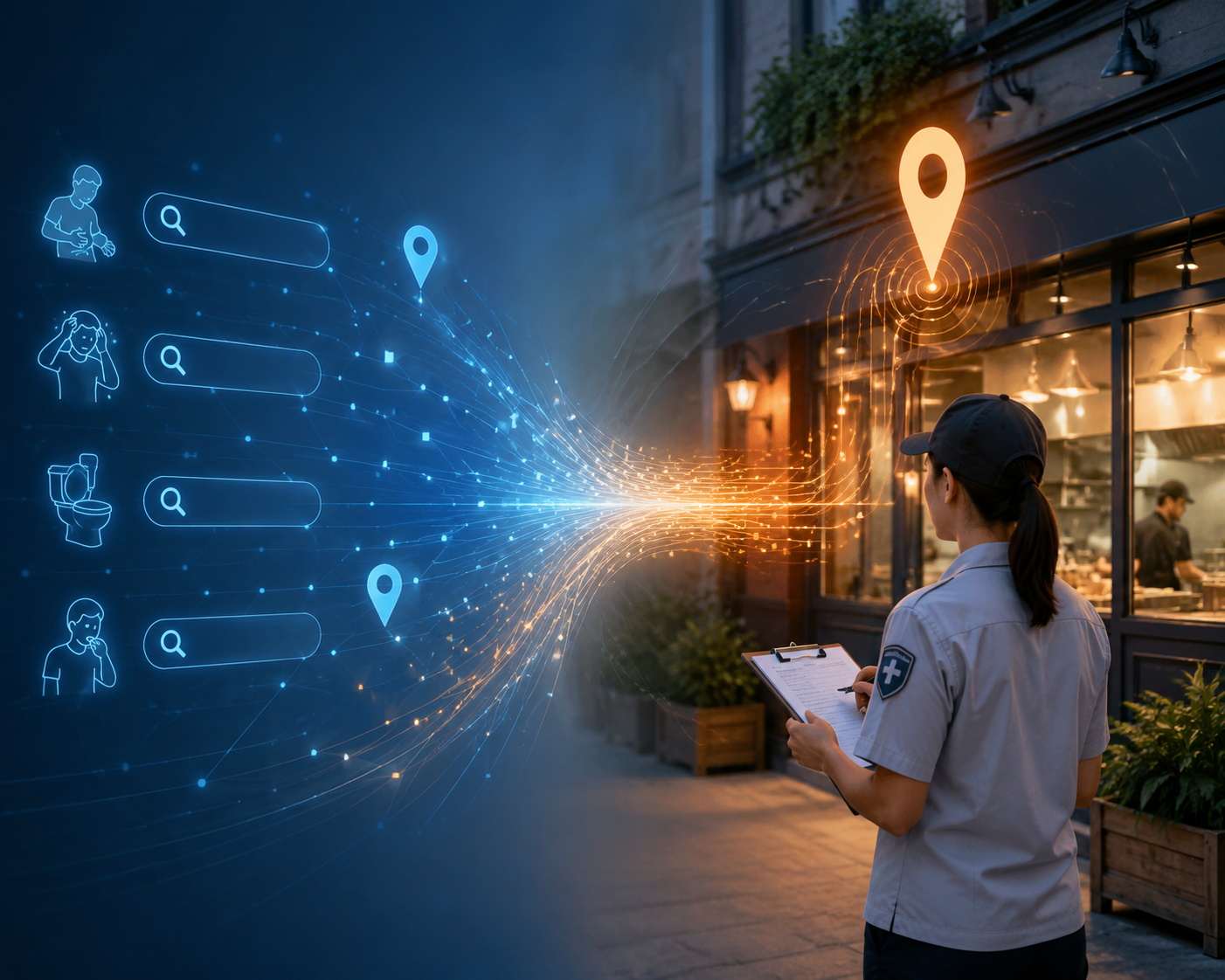 Anonymous search and location signals flowing toward a targeted restaurant inspection